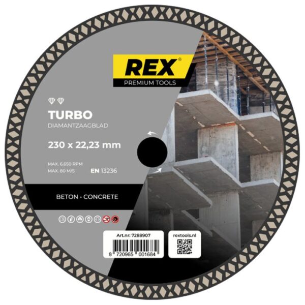 REX Turbo diamantzaagblad 230mm asgat 22.23mm voor beton